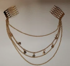 Hair Fashion Double 1" Wide Comb Layered Gold Tone Chain Flower Charms Fantasy
