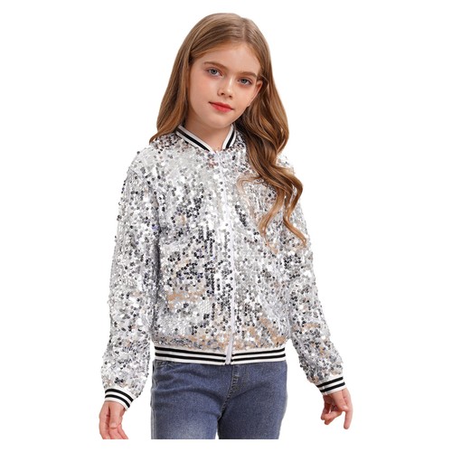 Kids Girls Outerwear Long Sleeve Coat Street Dancing Baseball Jackets Sparkly - Picture 26 of 74