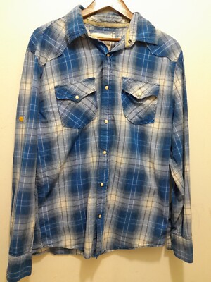 Mens Western Cowboy Plaid Pearl Snap Roll Tab Outdoor Casual Work Size XL Shirt