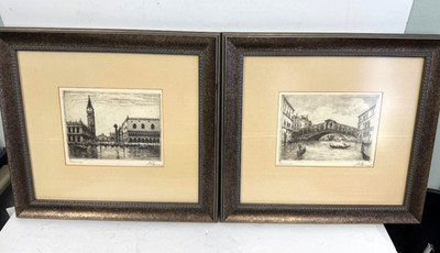 x2 HAVAS - Vintage Venice Art Print Italy Original Etching Signed Pencil Framed