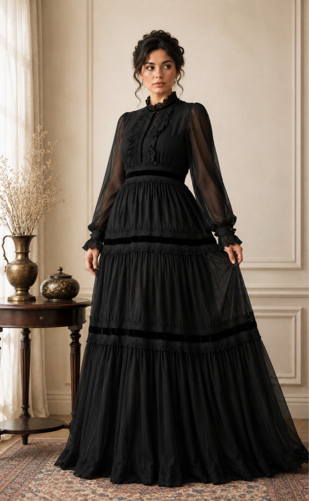 Coldwater Creek Victoriano Eduardiano Gótico Maxi Largo Modesto Forrado Vestido Negro L