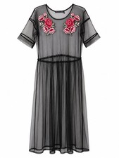 Forever 21 Black Sheer Mesh Dress with Pink Rose Embroidery - Women