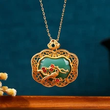 Chinese Style Gold Plated Jade Pendant Plum Magpie Spring Pendant Necklace