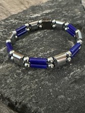 Silver Magnetic Hematite Therapy Bracelet Anklet 2 Row w Lapis Gemstone
