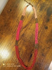 Red Coral Brass Tones Multi Strand Long Necklace Exotic Bohemian Fashion Style