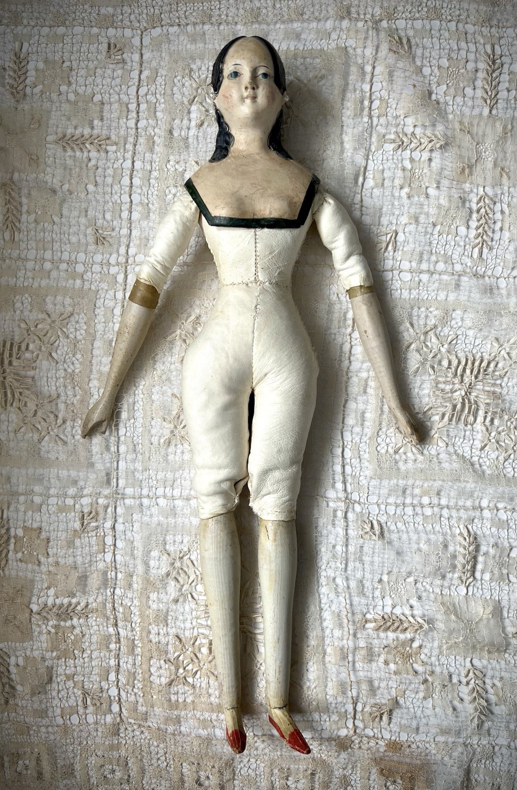 Rare 19th C Antique Paper Mache Milliners Model Doll Kid Leather Wood Limbs