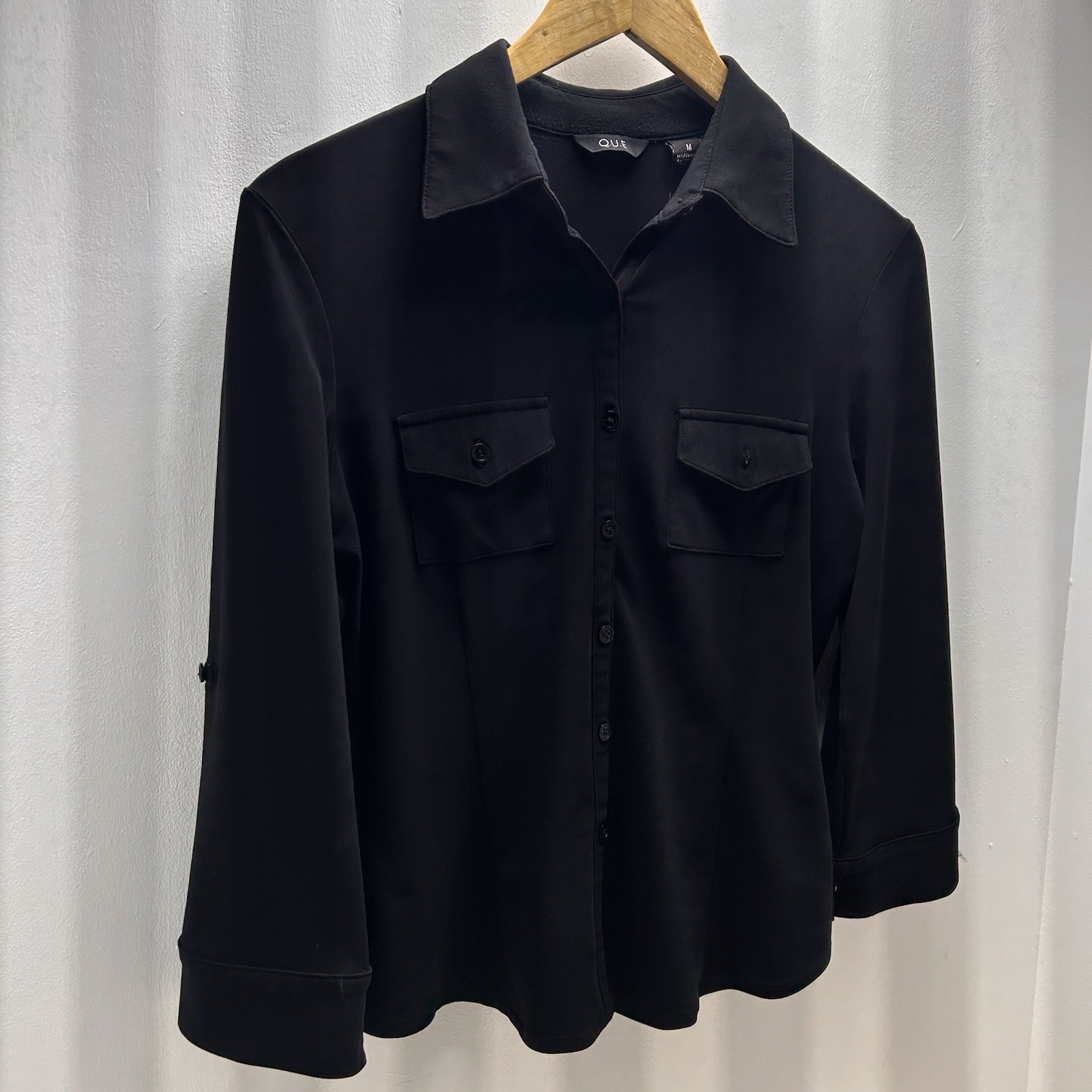 Q.U.E Black Button Front Collared 3/4 Sleeve Woma… - image 5