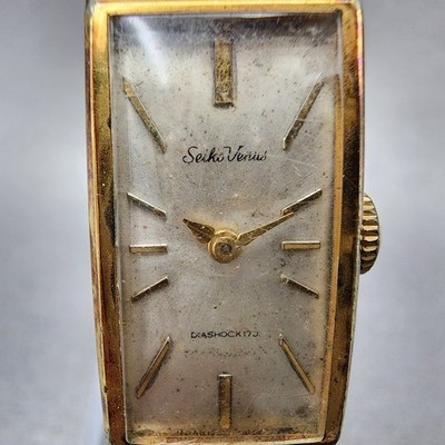 Seiko Venus Tank Watch Women 15mm Silver Dial Gold Plated