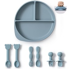 Silicone Baby Feeding Set Blue Plates Utensils Suction Bowl Fork Spoon