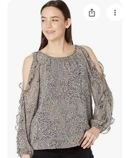 1. State Women’s Top White Gray Snake Pattern Ruffle Cold Shoulder Size 3X New!