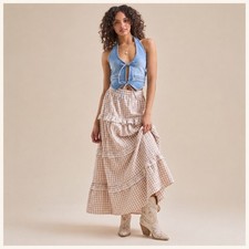 Altar'd State Lalania Gingham Tiered Maxi Skirt XL Eyelet Cottagecore Prairie