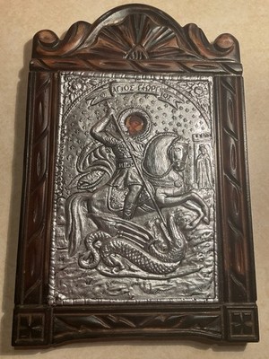 Greek Orthodox Icon Saint George Slaying the Dragon | Handmade in Greece | Metal