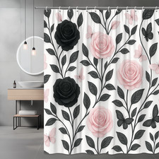 Elegant Floral Shower Curtain with Black and Pink Roses and Butterflies
