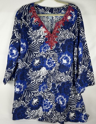 Liz & Me Blue Floral Embroidered Pullover Top Plus 5X Lightweight 3/4 Sleeves