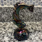 FENTON Carnival Glass Blue / Gold Jumping Trout  / Leaping Fish Paper Weight