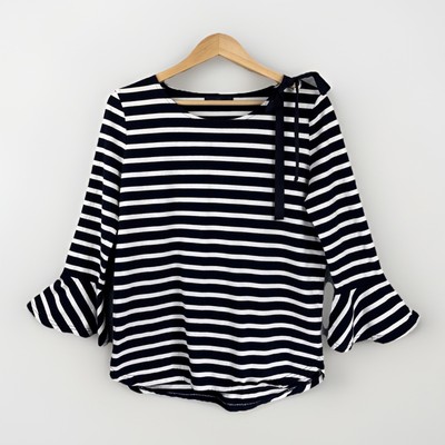 Etam Weekend Shirt M/L Navy Stripe Tie Shoulder Bell Sleeve French Girl Preppy