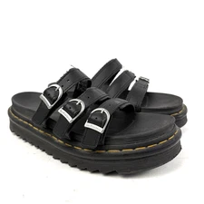 Dr. Martens Blaire Slide Womens 9 Black Flower Sandals Platform Buckle SoftWair