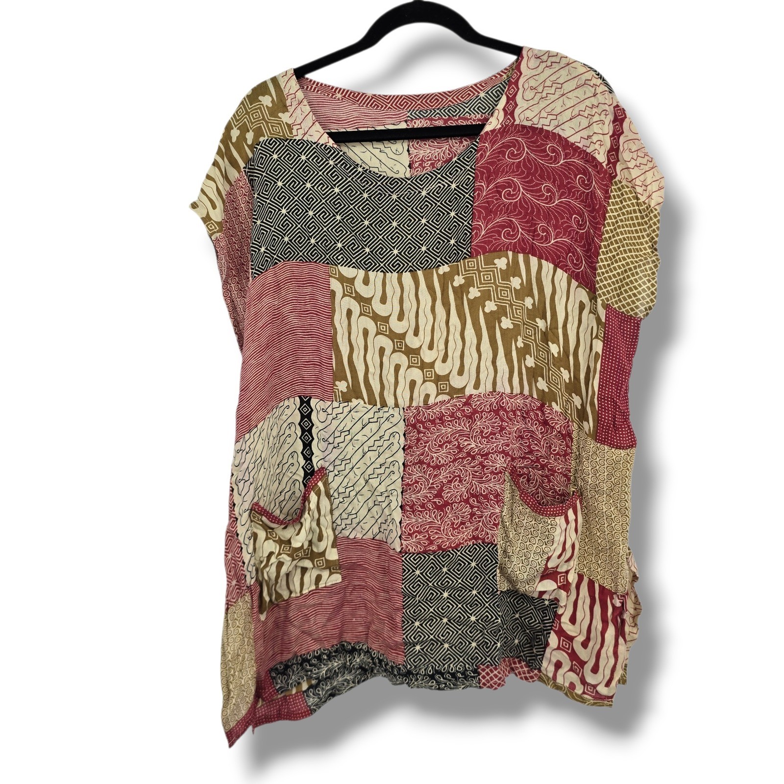 Batik Patchwork Tunic Top Women Red Brown Geometric Floral Boho Pocket Tunic