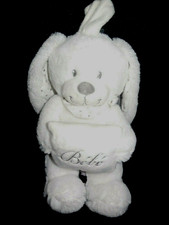 doudou peluche musicale lapin blanc + coussin Bébé pois gris beige POMMETTE