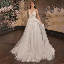 Customized Elegant A-Line Sequin Tulle Wedding Gown with V-neckline Graceful