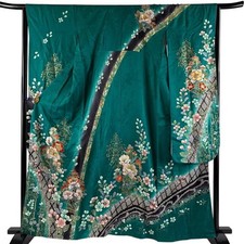 Woman Japanese Kimono Furisode Silk HItta Flower Gold Foil Green 162.5cm