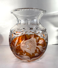 VASO CRISTALLO BOEMIA DECORO FLOREALE MOLATO CUT TO CLEAR AMBRA TRASPARENTE '900