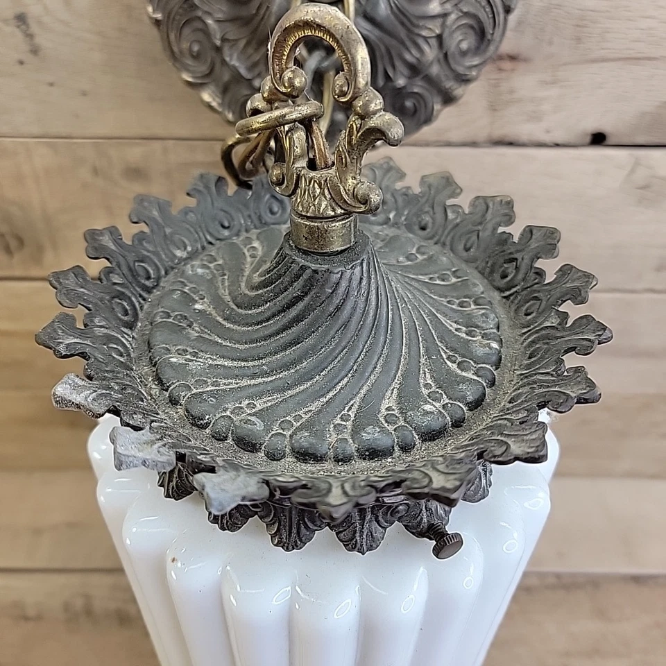 MCM Hanging Light Fixture Ornate Milk Glass & Brass Gothic Revival Swag Lamp - Image 4 of 4