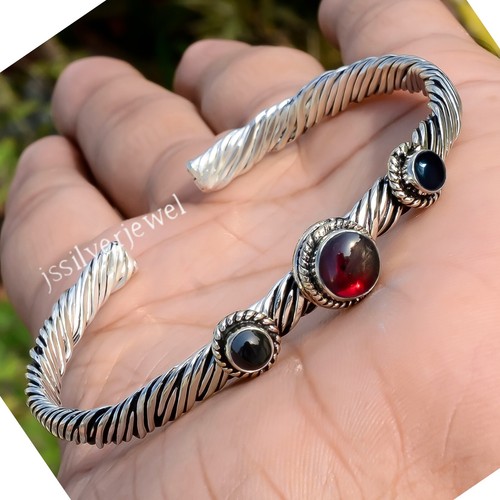 Bracelet Manchette En Argent Sterling 925 – Pierre D’onyx Noir – Fait Main En Inde – Neuf Sans Emballage