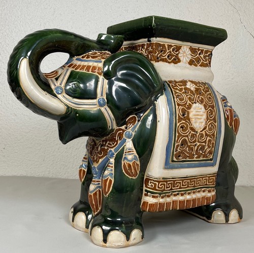 Ancien vintage éléphant porte plante en céramique émaillée et craquelé - Imagen 2 de 21