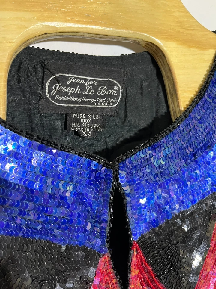 Chaqueta de noche vintage Joseph Le Bon para mujer X3 multicolor seda lentejuelas cuentas Foto 3 de 4