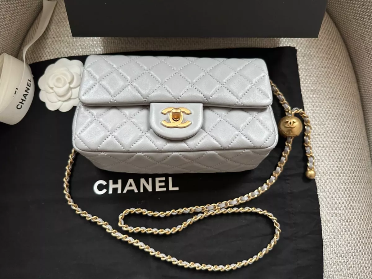 Chanel Mini Rectangular Flap Bag Light Grey Lambskin Light Gold Hardware