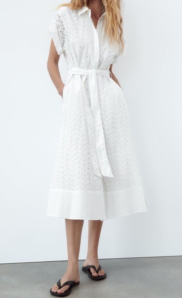 ebay zara embroidered dress ZARA WOMAN NWT $109 ZW COLLECTION EMBROIDERED MIDI SHIRTDRESS BLACK | 4877/288