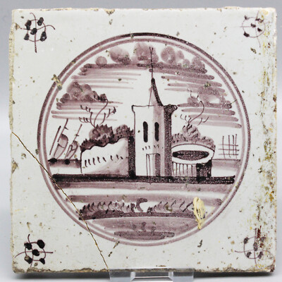 Antike Delfter Fliese Wandfliese Landschaft Gebäude um 1850