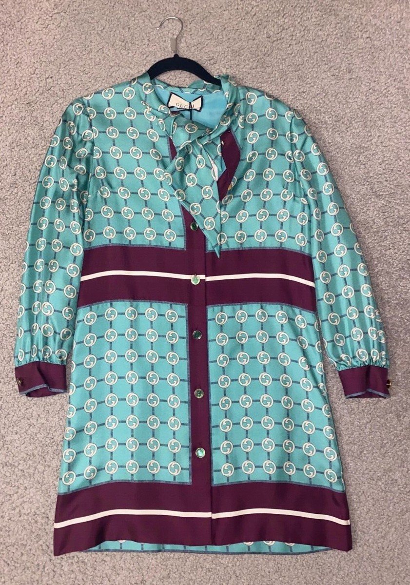 Gucci 2021 Teal/Purple GG Printed Silk Button-Up Neck Tie Dress
