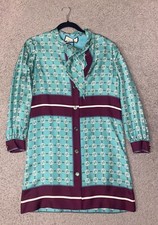 Gucci 2021 Teal/Purple GG Printed Silk Button-Up Neck Tie Dress, Long Sleeve