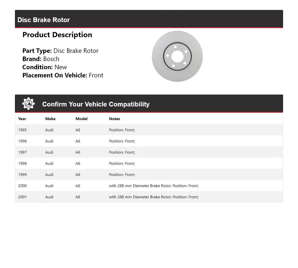 For 1995-2001 Audi A6 Bosch QuietCast Disc Brake Rotor Front 1996 1997 1998 1999 - Image 2 of 4