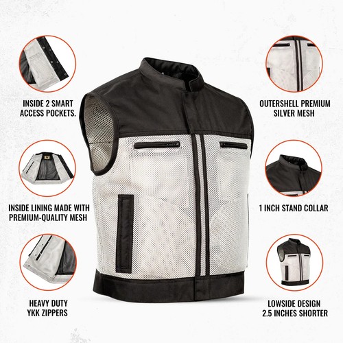 Men Summer Spark Biker Mesh Vest Casual Sleeveless Zipper Concealed Carry Pocket - Picture 20 of 29