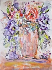 "EVENING PARADISE FLORAL" IMPRESSIONISTIC WATERCOLOR PAINTING BY DAVILA, 11"X15"