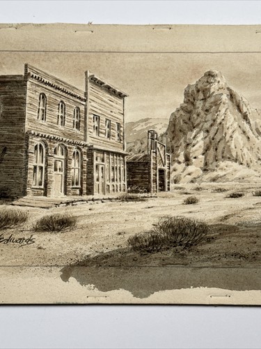 ANTIQUE ART DECO PAINTING ILLUSTRATION Ghost Town Western Landscape Desert - Picture 4 of 18