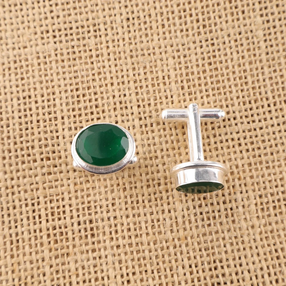 925 Sterling Silver Green Onyx Cufflinks 14.4 Cts Faceted Gemstone for Men - Image 2 of 2