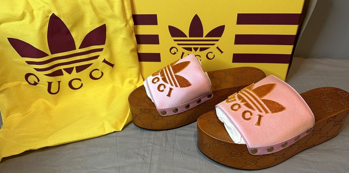 Gucci x Adidas GG Pink Satin Platform Sandals Clogs Women's Gucci x Adidas GG Pink Satin Platform Sandals Clogs Women's