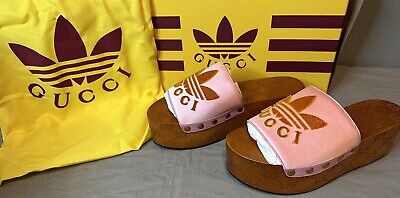 Gucci x Adidas GG Pink Satin Platform Sandals Clogs Women's Gucci x Adidas GG Pink Satin Platform Sandals Clogs Women's