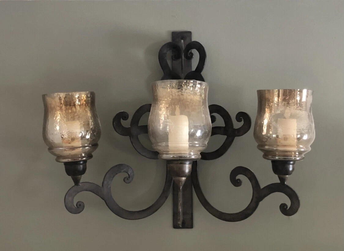 Pottery Barn Iron Scrollwork Wall Sconce W Glass Shades Hurricane Candle  Holder