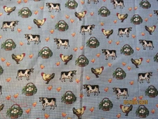 VTG Joan Kessler for Concord Farm Chicken Cow Eggs on Blue Gingham  2 Yds x 40"w