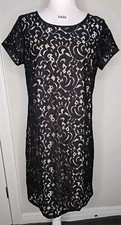 Ann Taylor LOFT Black Lace Lined SHIFT Dress Size 12 Cap Sleeves