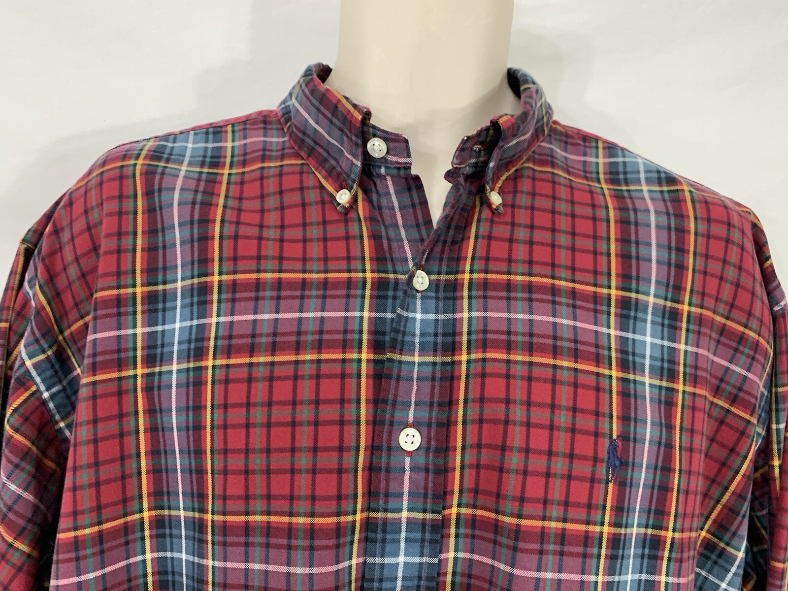 VINTAGE Ralph Lauren Polo BLAKE uomo XL rosso e blu camicia a quadri con bottoni e pony