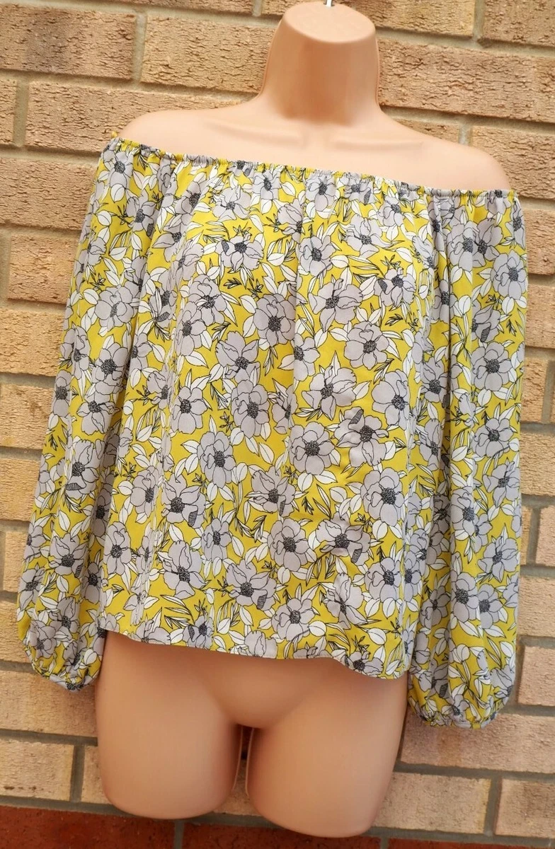 MISS SELFRIDGE YELLOW GREY FLORAL LONG SLEEVE GYPSY BAGGY BARDOT