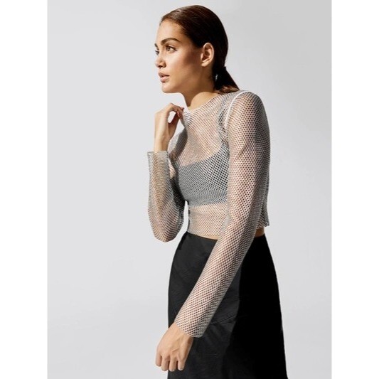 NWT Carbon38 SILVER LONG SLEEVE MESH MOCK NECK TOP UK