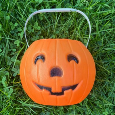 Vintage Pumpkin Blow Mold Jack-O-Lantern Orange Halloween Candy Bucket