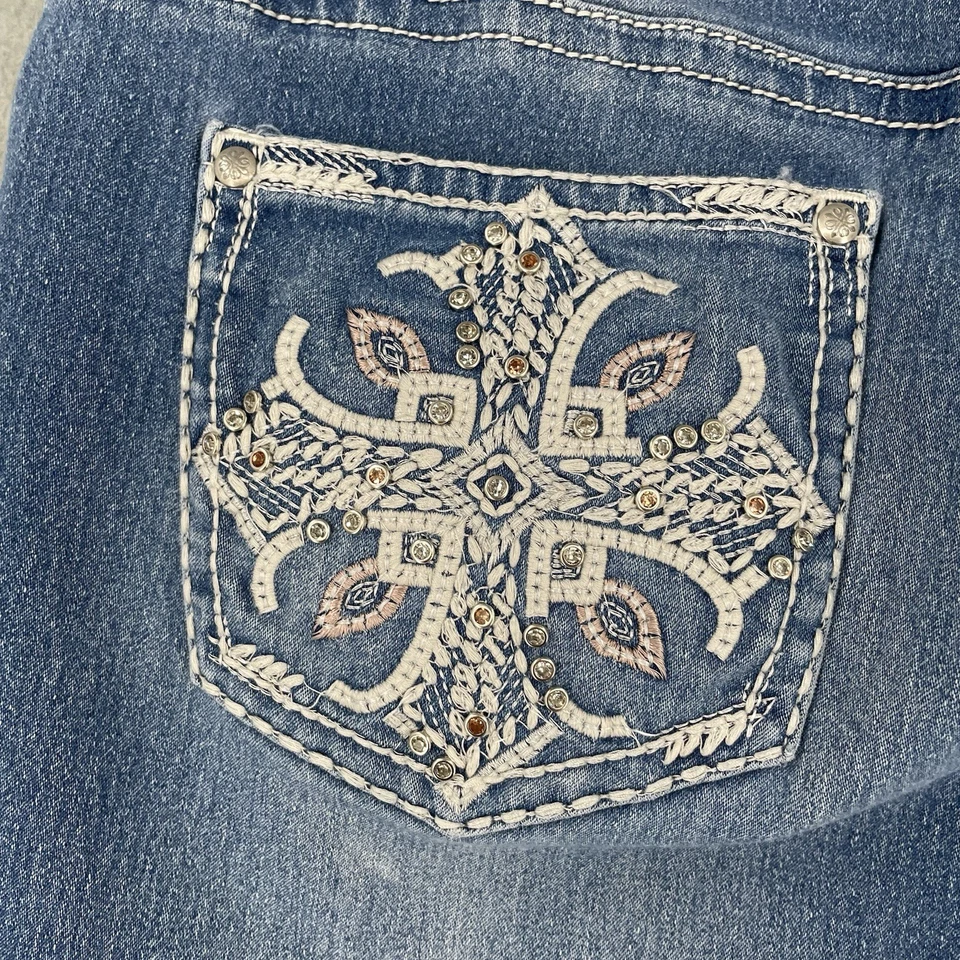 Pantalones de mezclilla elásticos Love Indigo para mujer talla 12 pierna acampanada Y2K con tachuelas Foto 3 de 4